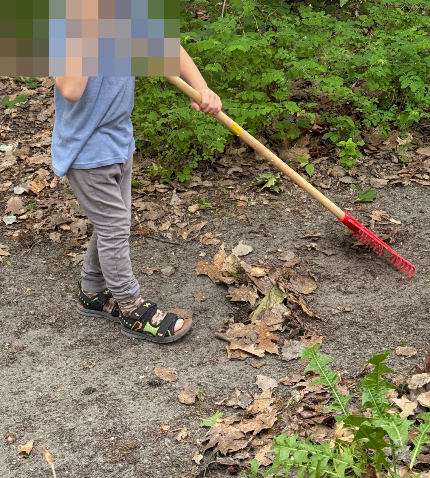 Kind harkt Laub im Kita-Garten