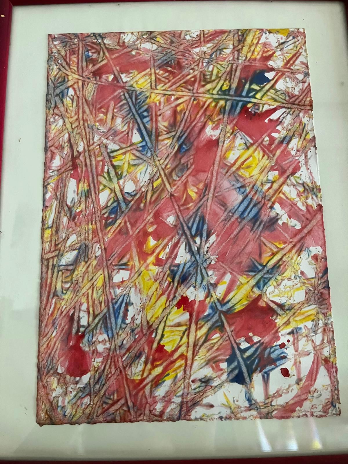 Gerahmtes abstraktes Kunstwerk in Rot, Gelb und Blau