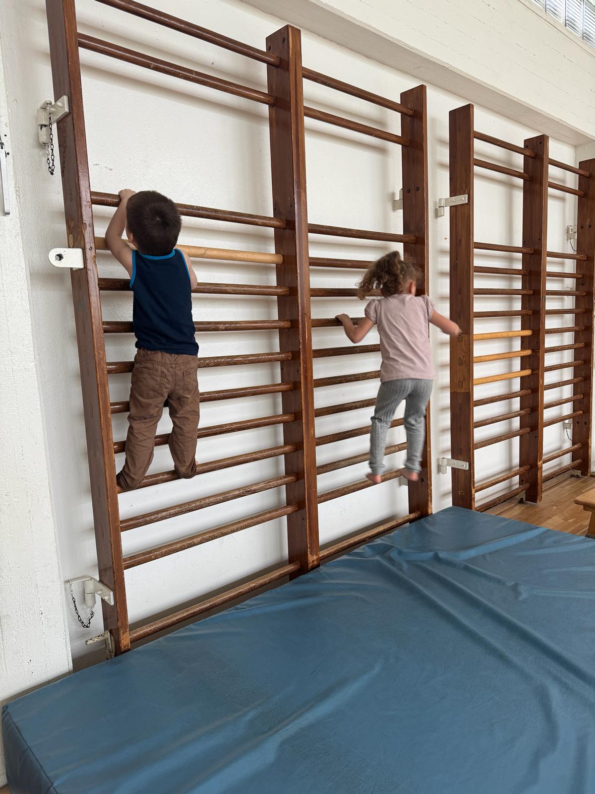 Zwei Kinder klettern an der Sprossenwand &uuml;ber der Turnmatte